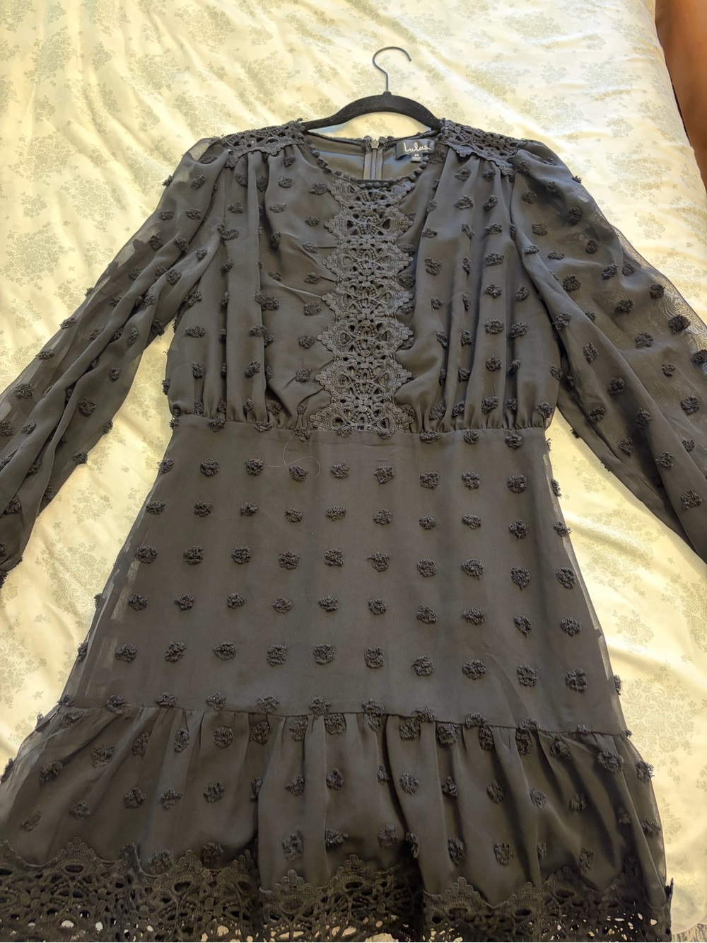 Lulu's Black Long-Sleeve Crochet & Dot Detail Mini Dress